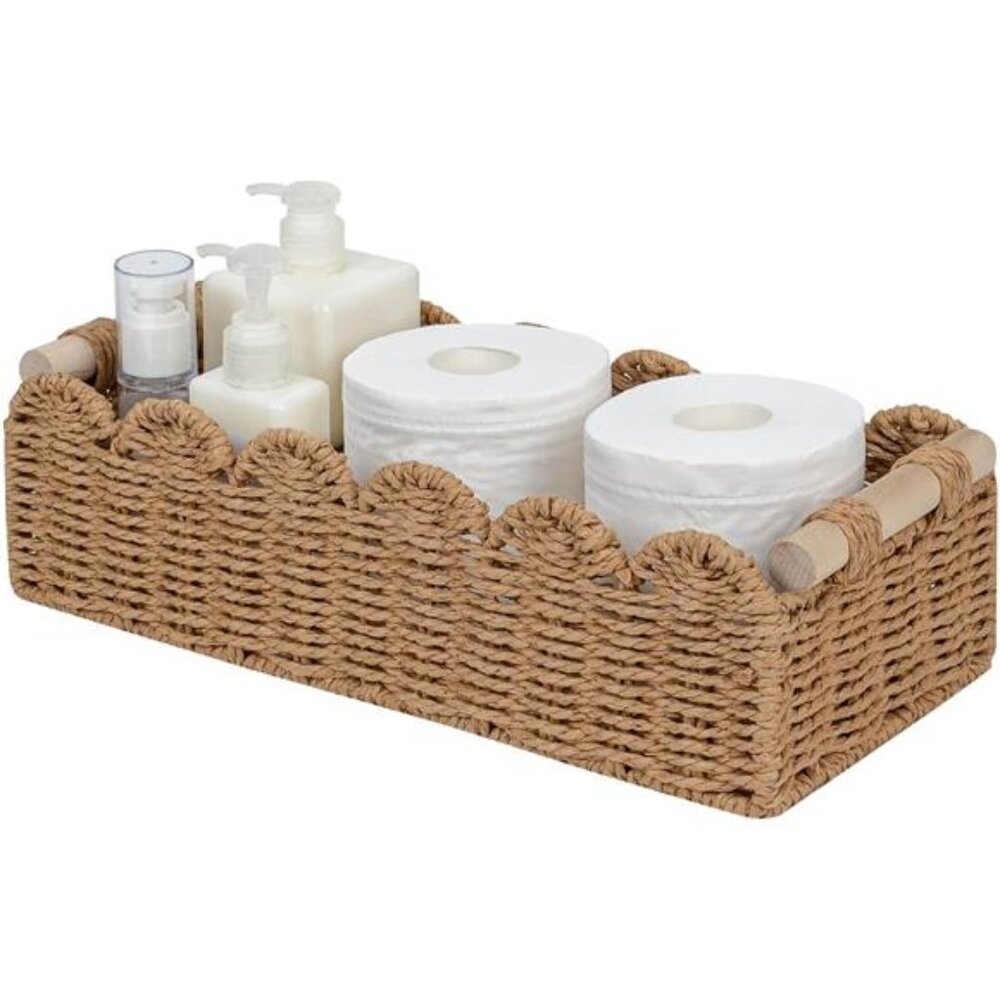Neutral scalloped edge storage basket small woven bin for bathroom decor